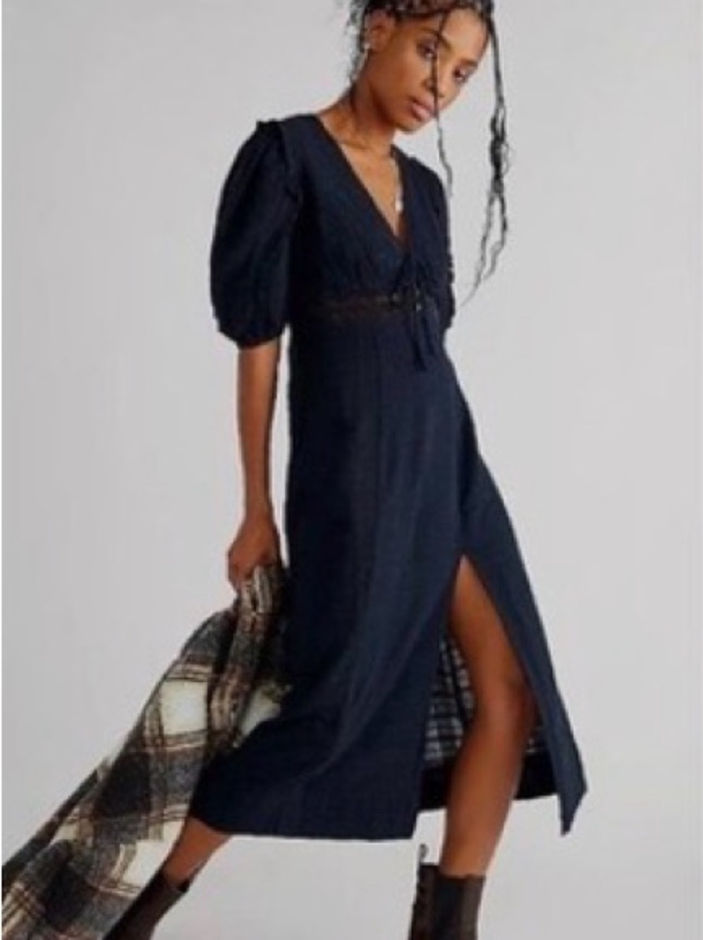 Free People Navy Puff-Sleeve Midi Dress with Front Slit